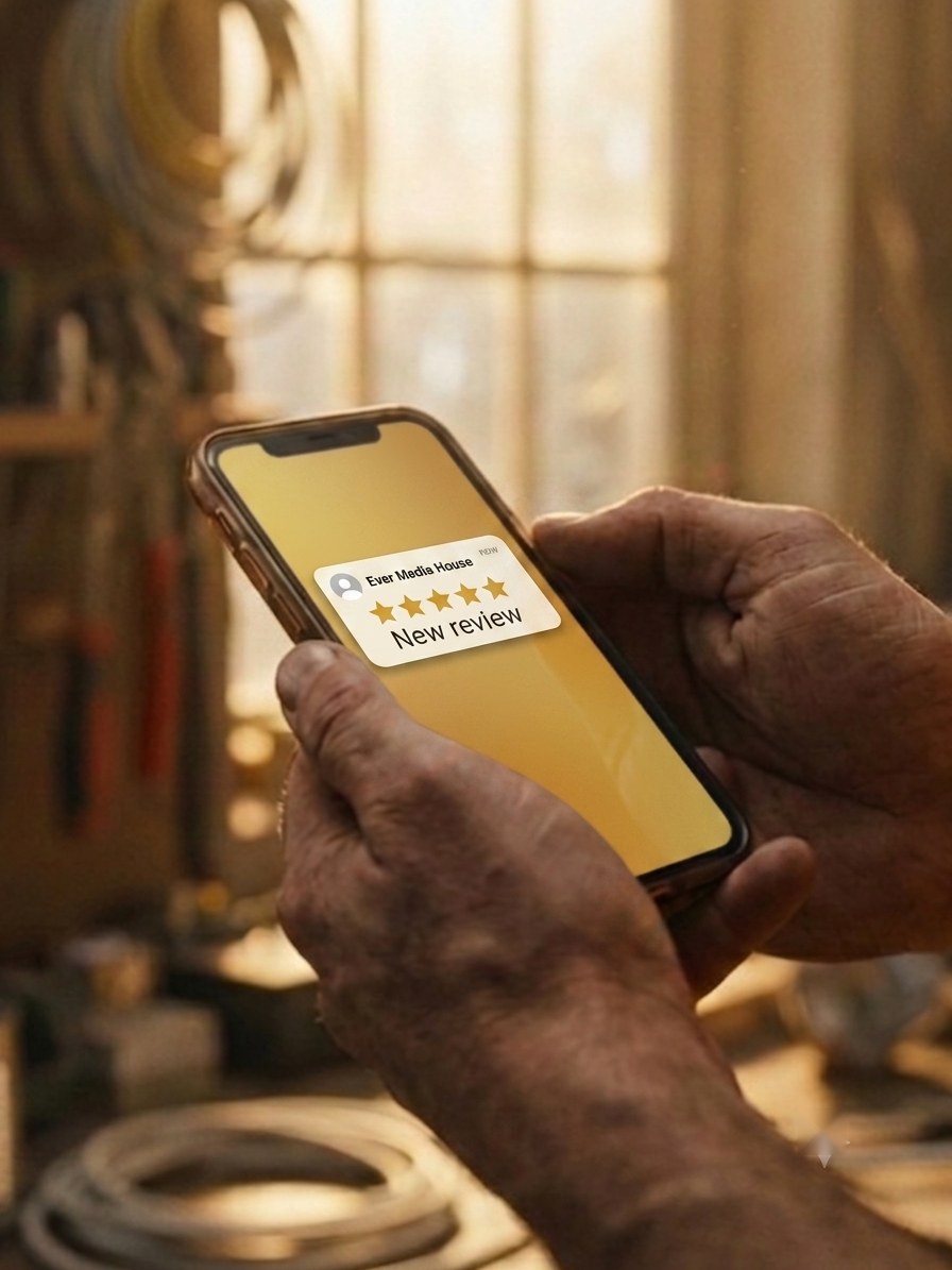 A tradesman in his workshop looking at a new five-star review that has just come through on his phone.